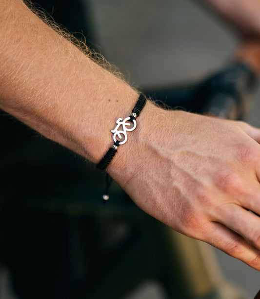 Silver Bike Black Braided Bracelet
